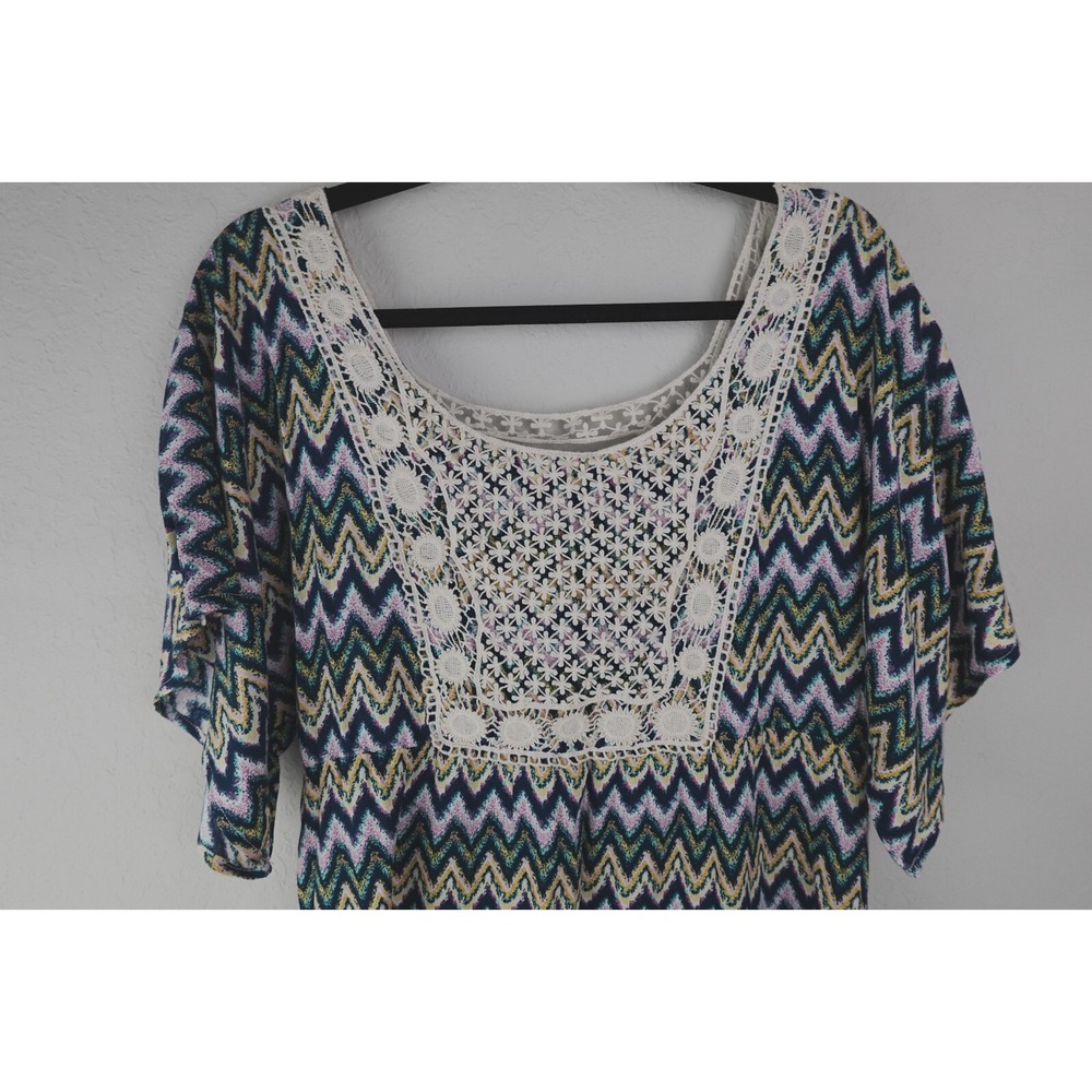 Rock & Roll Cowgirl Tunic Top L Crochet Chevron Lace Trim Western Boho Festival - Picture 2 of 6